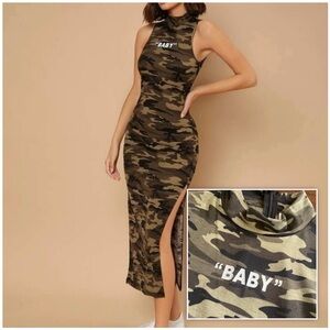 Camo camouflage mock neck sleeveless maxi dress w/ BABY graphic lettering
